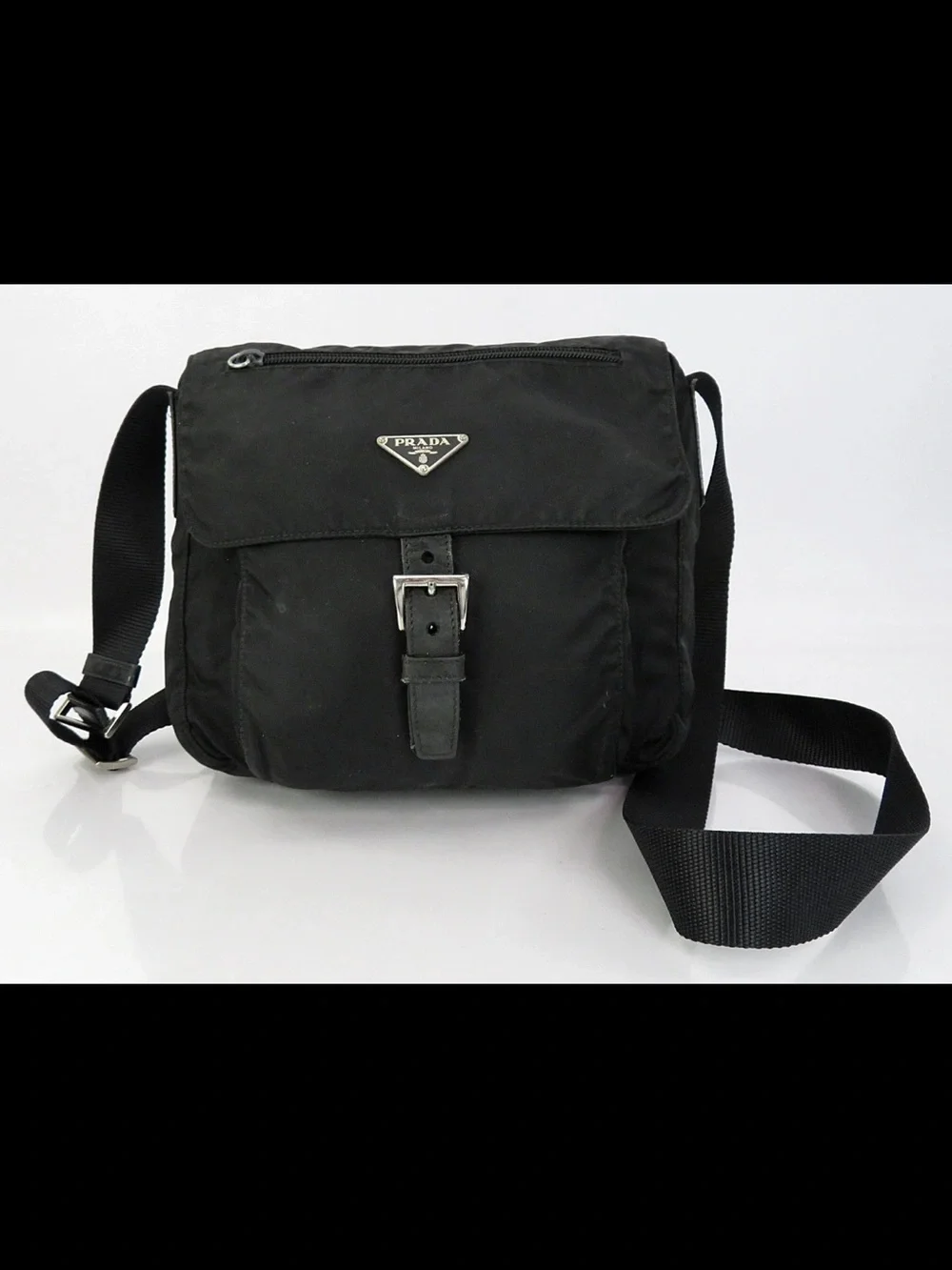 Prada Black Nylon Messenger Bag with Buckle Flap